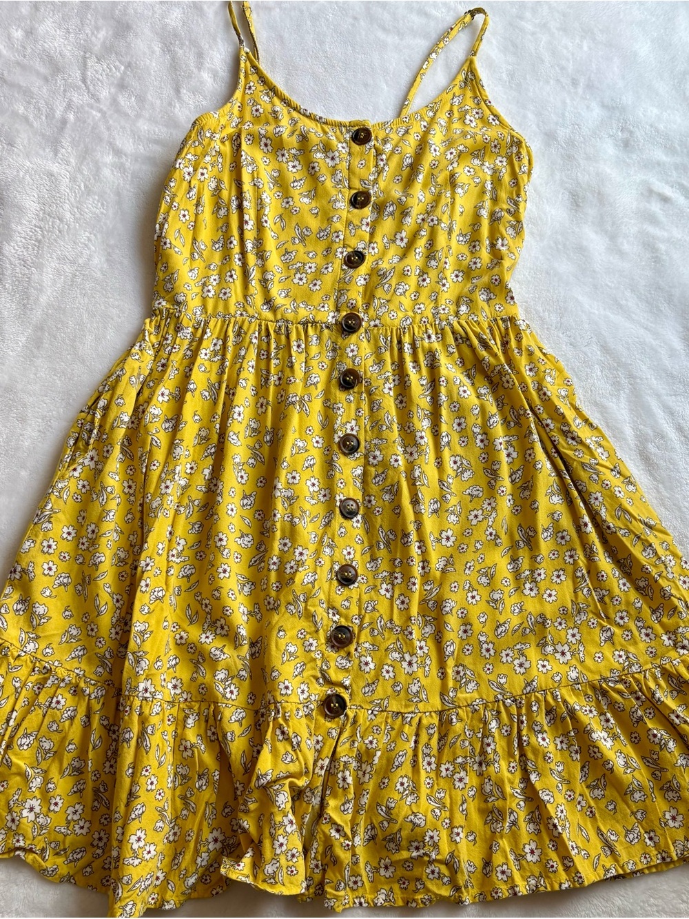 Mustard Yellow Ditsy Floral Button-Front Smocked Back Sundress